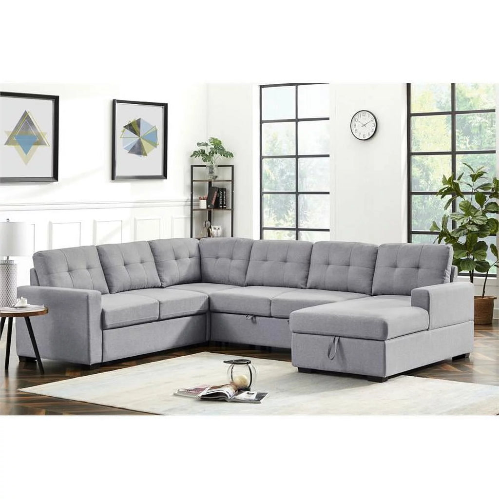 Light Gray Linen Sleeper Sectional Sofa with Storage Chaise I6711