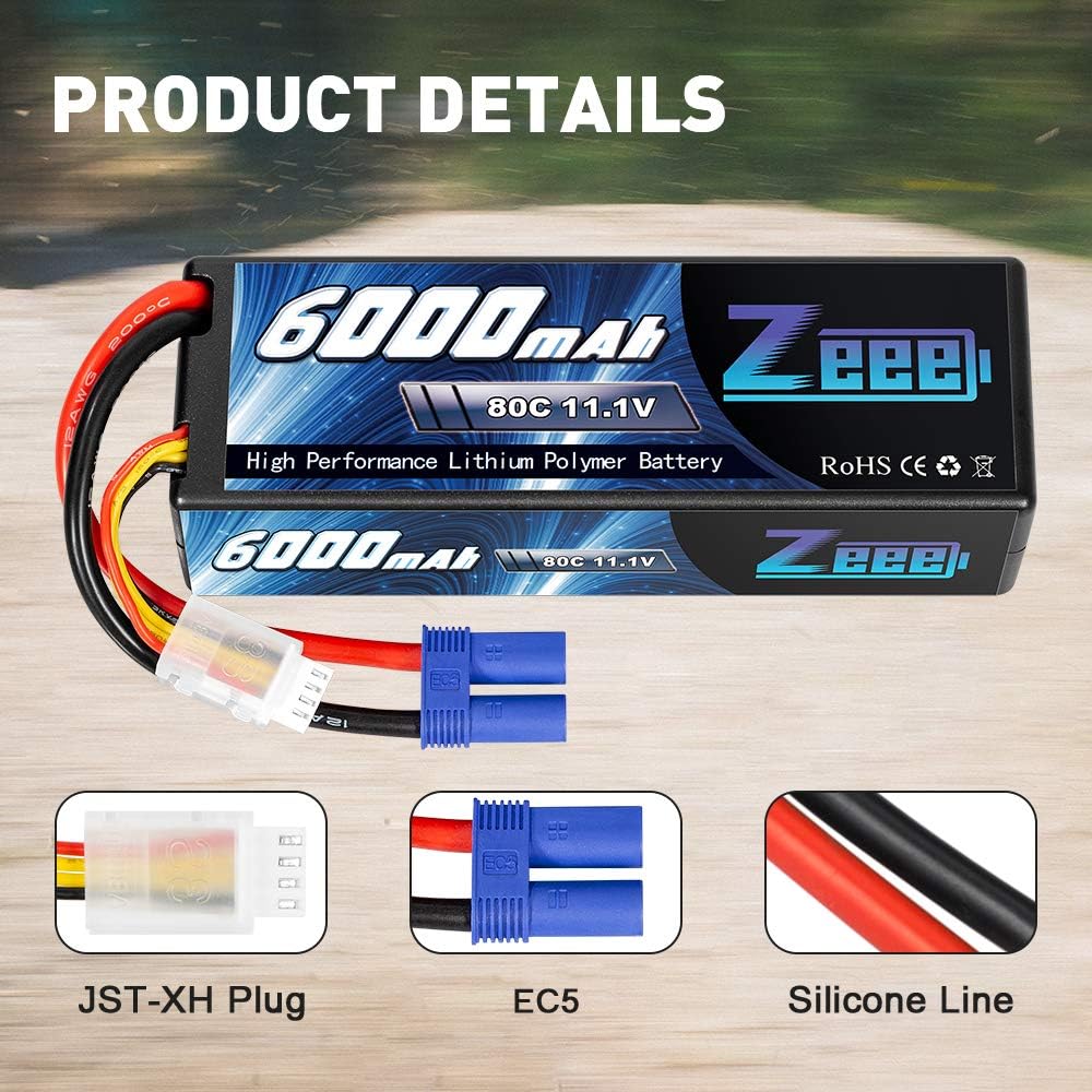 11.1V 80C 3S 6000mAh Lipo Battery Hard Case with EC5 Connector (2 Pack) W73994