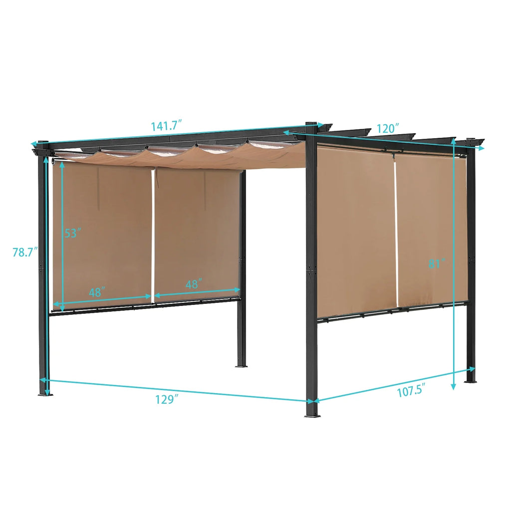12 x 10 ft Outdoor Pergola with Retractable Shade Canopy, Dark Gray Matte Aluminum Frame, 4 Pieces Roller Shade Curtain U440241