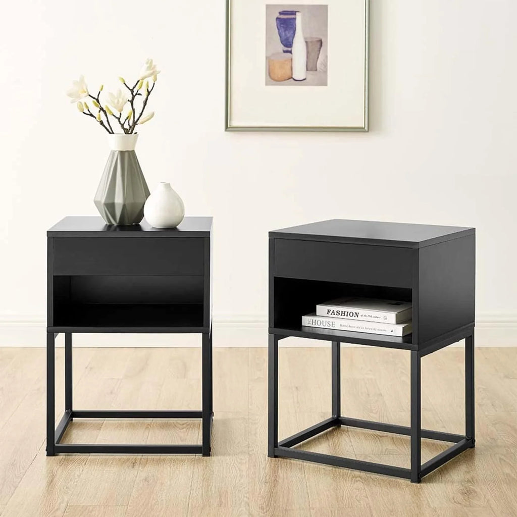 Black Rectangular End Table Nightstand with Drawer and Open Shelving P434