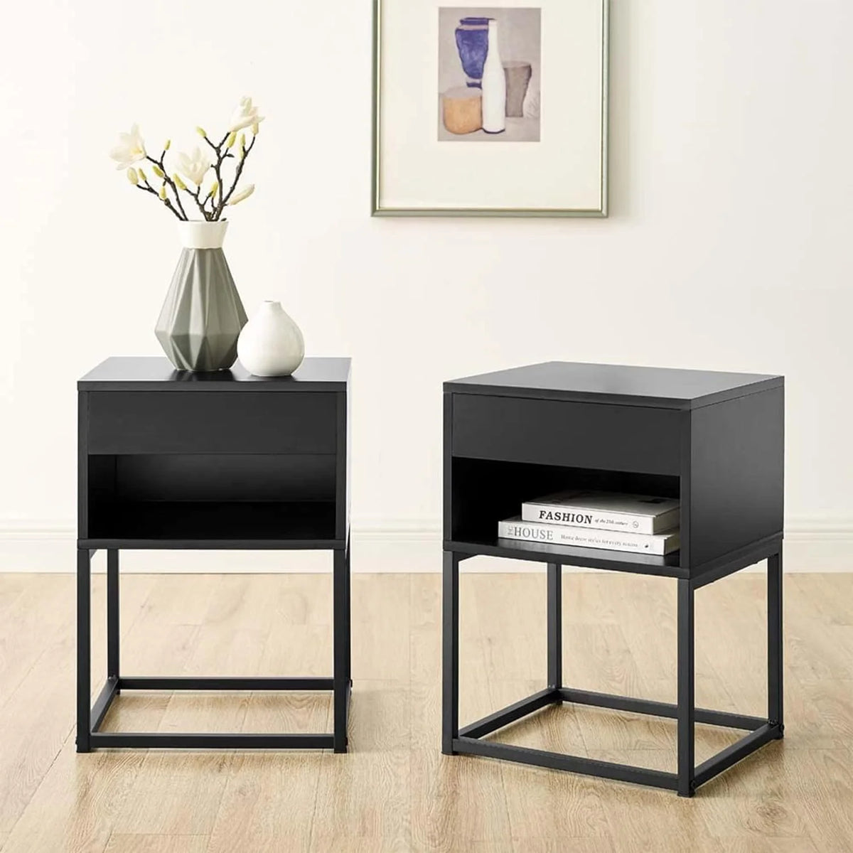 Black Rectangular End Table Nightstand with Drawer and Open Shelving P434