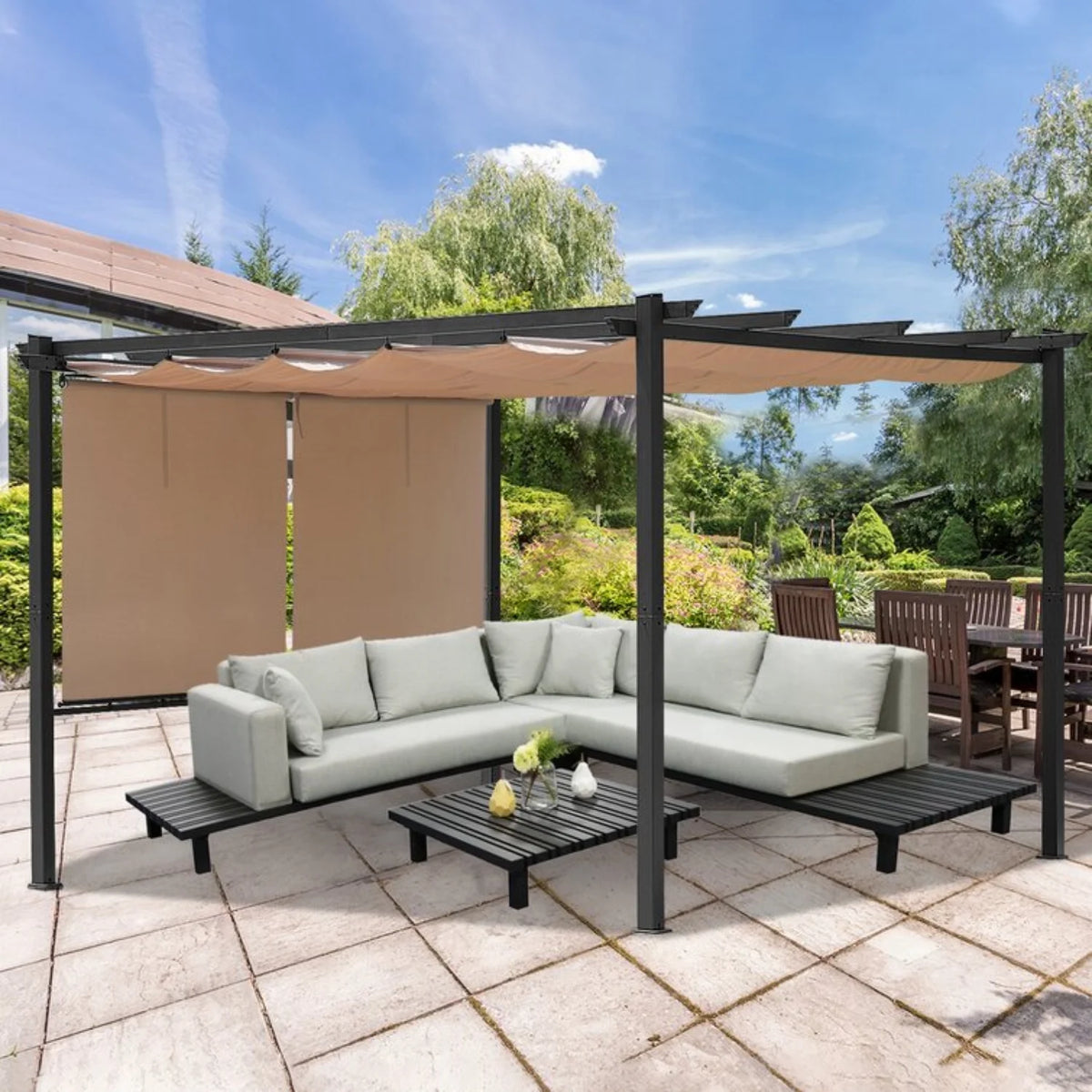 12 x 10 ft Outdoor Pergola with Retractable Shade Canopy, Dark Gray Matte Aluminum Frame, 4 Pieces Roller Shade Curtain U440241