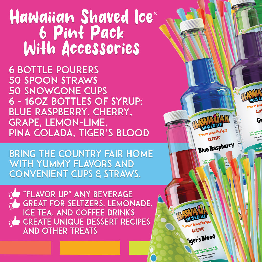 6 Flavor Shaved Ice Syrup Fun Pack with Accessories C531