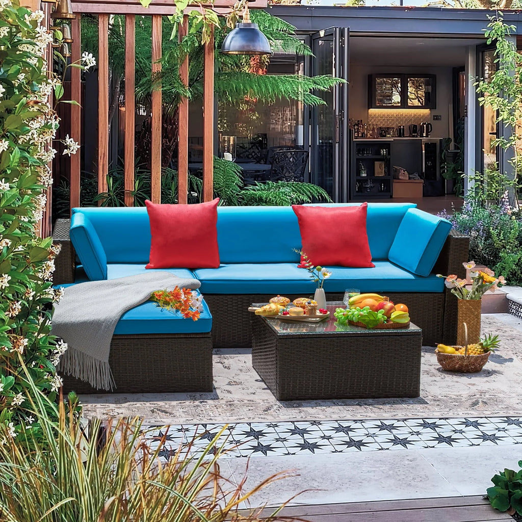 5 Pieces PE Rattan Wicker Patio Sectional Set with Table P7597