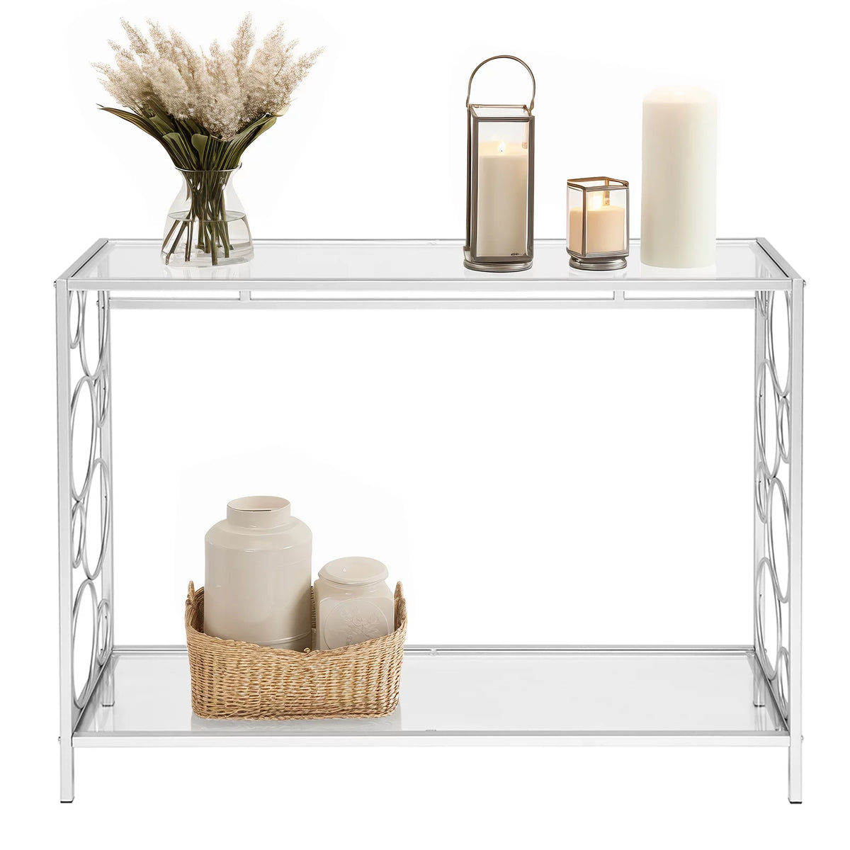 Tempered Glass 2-Tier Console Table with Shelf H80364