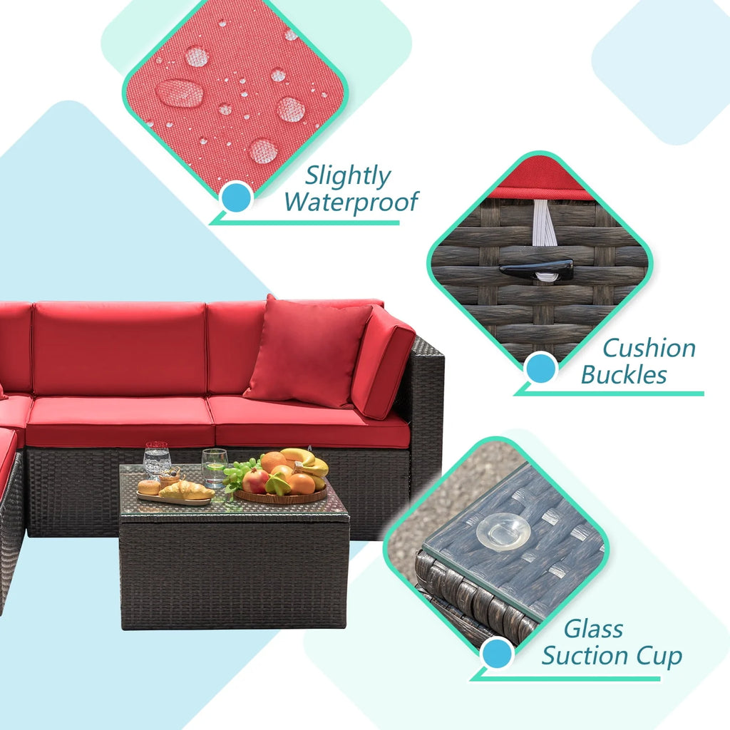5 Pieces PE Rattan Wicker Patio Sectional Set with Table P7597