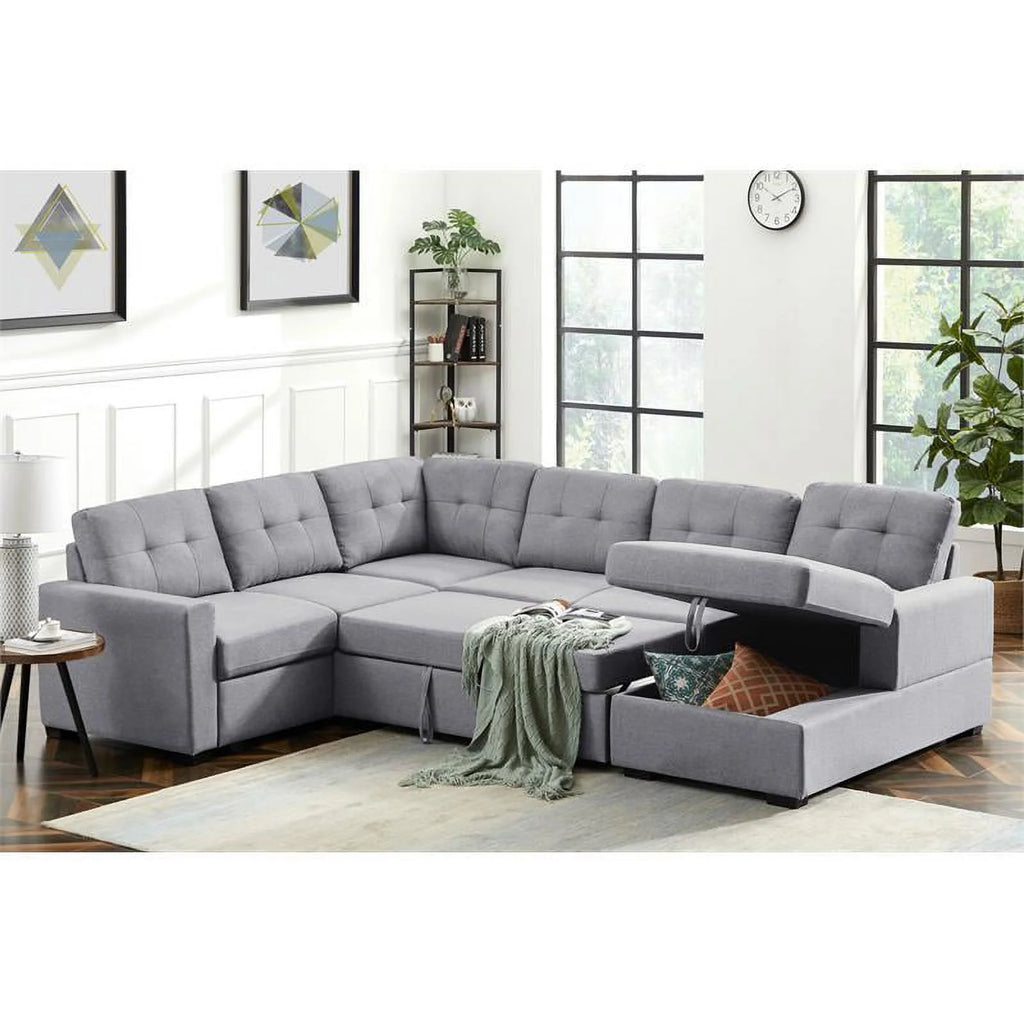 Light Gray Linen Sleeper Sectional Sofa with Storage Chaise I6711