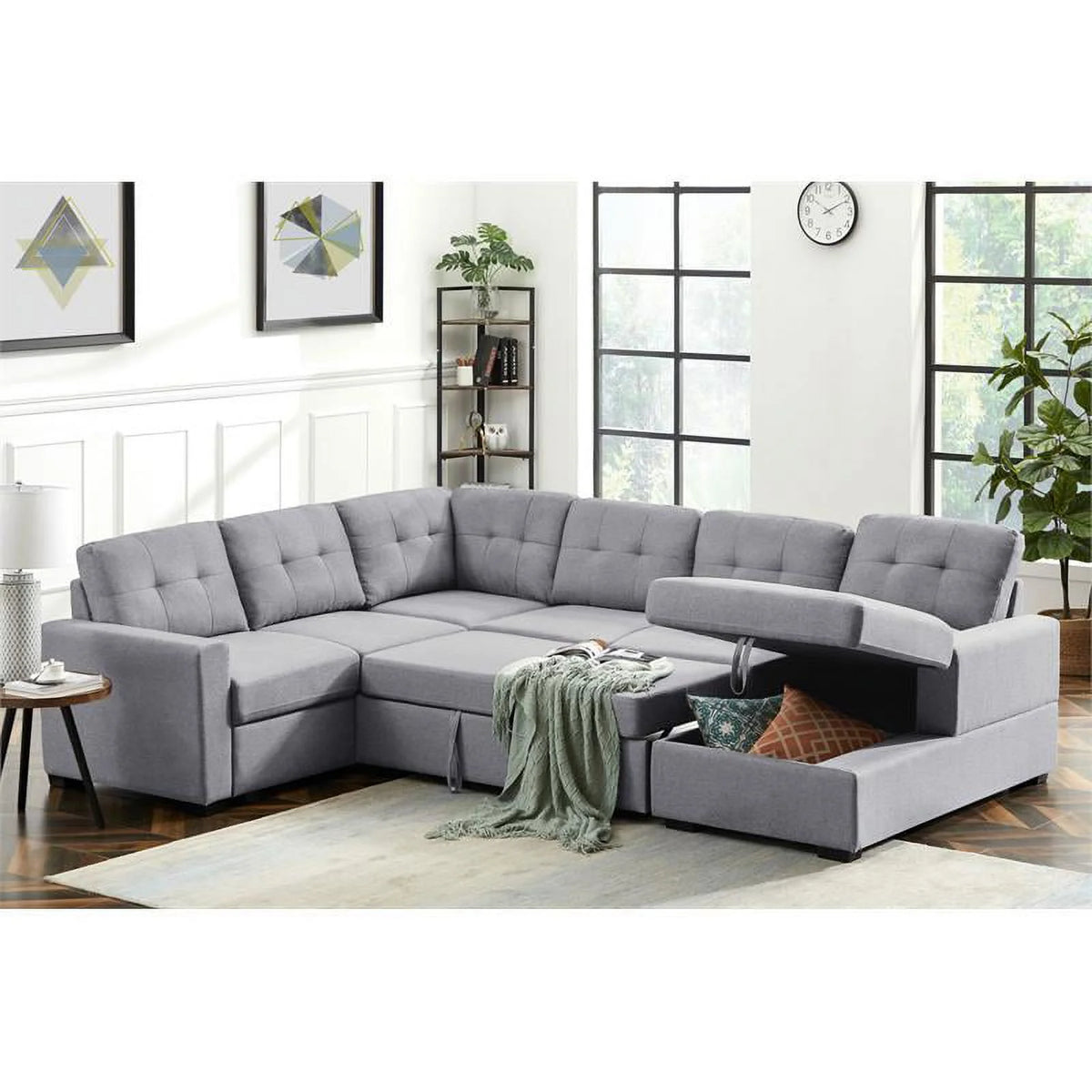 Light Gray Linen Sleeper Sectional Sofa with Storage Chaise I6711