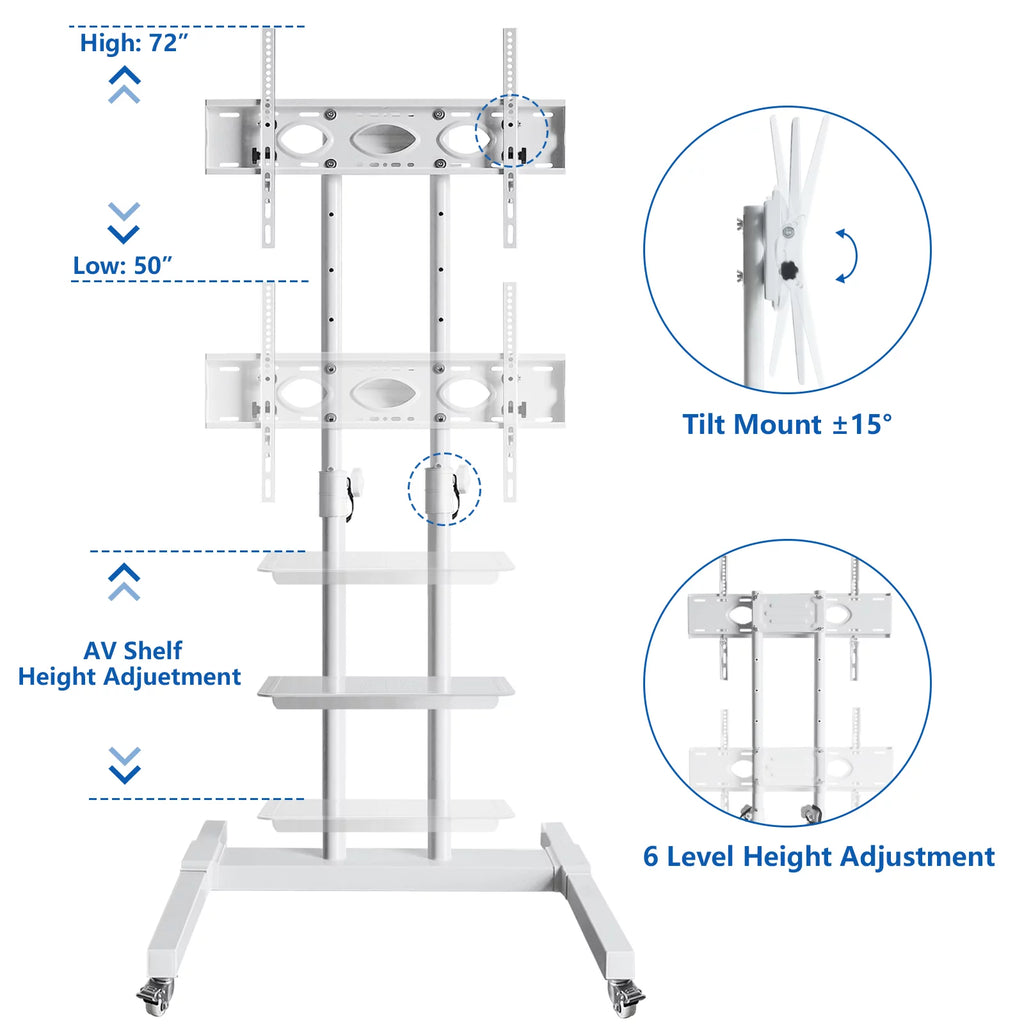 Tall TV Stand with Wheels for 32 to 85 Inch Flat Panel TVs, White Shelf Q561