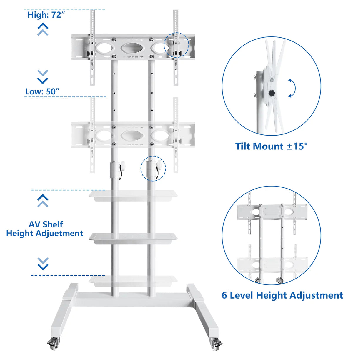 Tall TV Stand with Wheels for 32 to 85 Inch Flat Panel TVs, White Shelf Q561