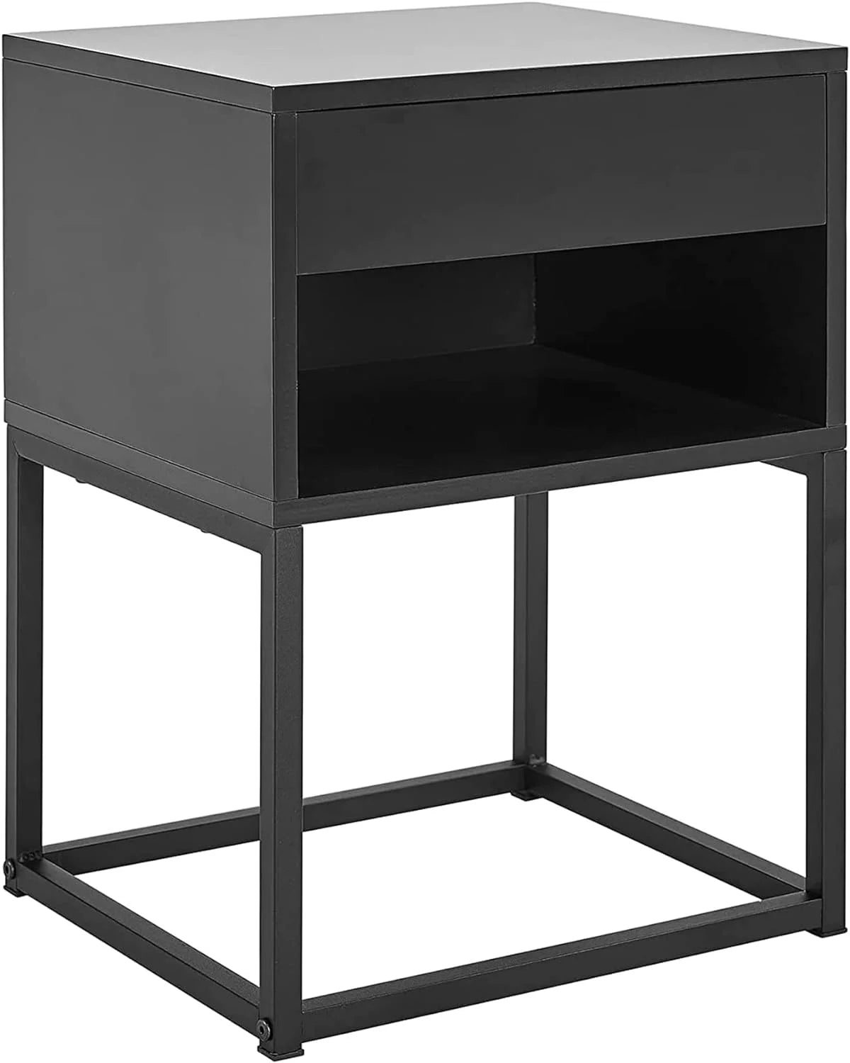 Black Rectangular End Table Nightstand with Drawer and Open Shelving P434